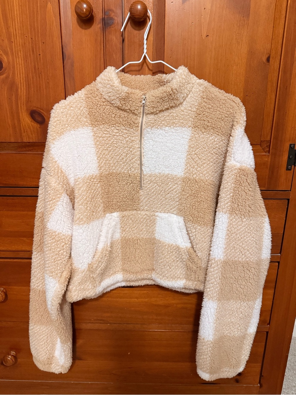 SHEIN Cream & Tan Check Sherpa Half-Zip Pullover
